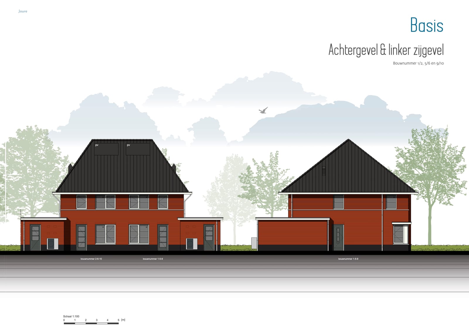 Achtergevel en linker zijgevel type A, bouwnummer 1/2, 5/6 en 9/10